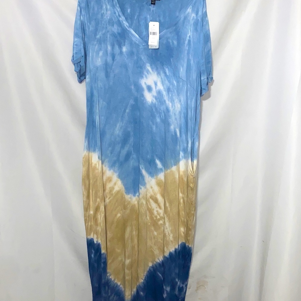 NWT‎ LANE BRYANT WO SIZE 14/16 LONG LOUNGE CASUAL TYE DYE DRESS BLUES TAN WHITE